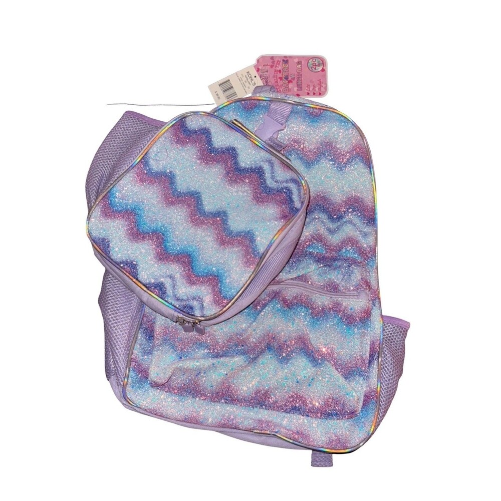 Purple Glitter Backpack & lunch Bag Girls School Bag Iridescent Chevron New